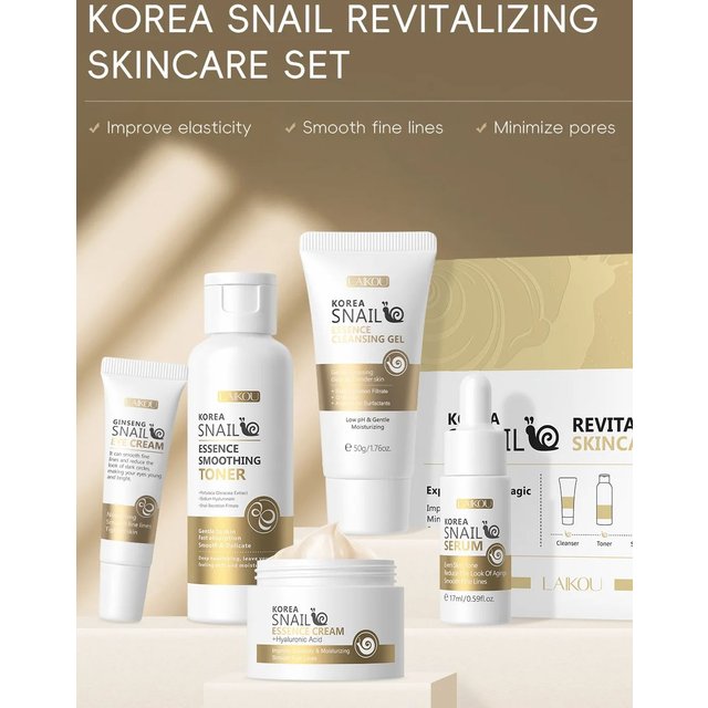 LAIKOU Snail Skin Care Five-piece Facial Treatment Cleansing gel Toner Essence Eye cream Essence Cream Improve Elasticity