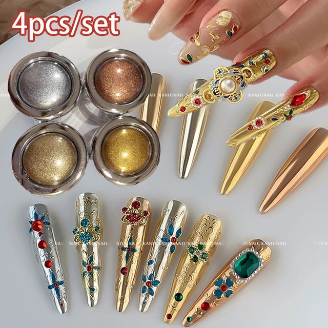 4Color/set Magic Mirror Gold Silver Nail Powder Holographic Metallic Rose Gold Nail Glitter Pigment Gel Nail Polish Rubbing Dust