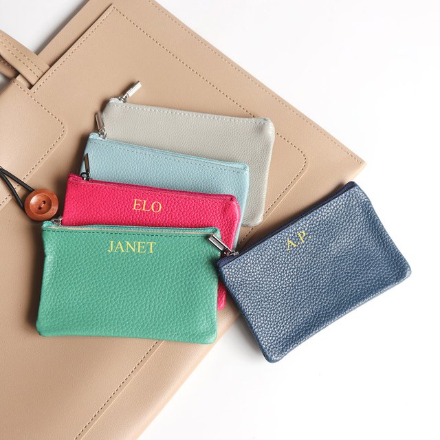 Free Custom Letter Coin Purse Genuine Leather Soft Small Zip Pouch Well Organizer Cosmetics Bag Monogram Mini Slim Card Wallet