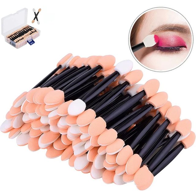 100PCS Disposable Double-Headed Eye Shadow Sponge Applicators 6.5cm with Container for Eyeshadow Stick