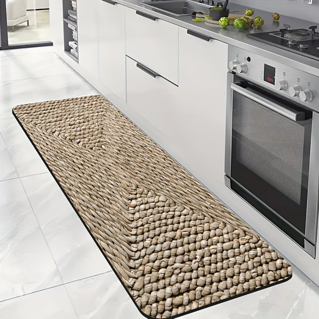 3D Woven Rattan Print Kitchen Mat, Non-Slip Oil-Proof Waterproof Stain Resistant Long Floor Rug for Boho Kitchen Home Decor