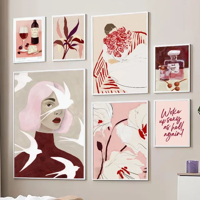 Fille Pigeon Rose parfum fleurs vin rouge mur Art toile peinture à l'huile nordique toile peinture pour salon décor