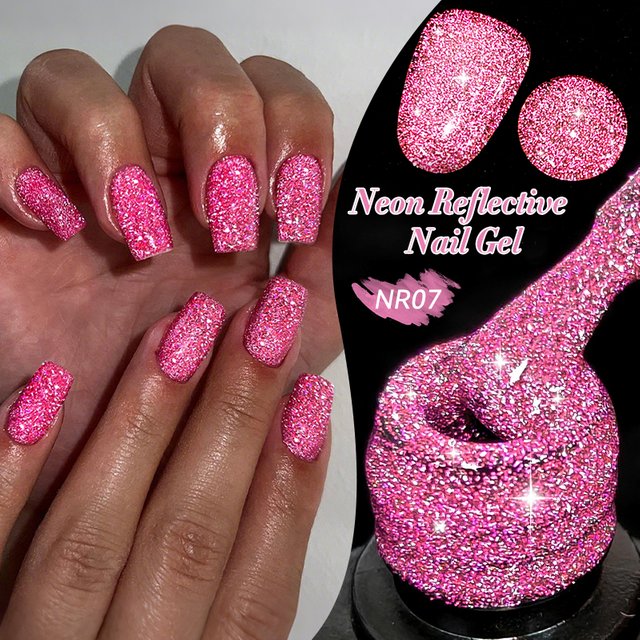 LILYCUTE 7ml Pink Fluorescent Reflective Gel Nail Polish Shining Glitter Neon Semi Permanent Soak Off UV Gel Nail Art Manicure