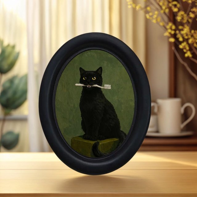 1 Piece of Quirky Black Cat Wall Decoration Biting a Toothbrush, Vintage Oval Photo Frame Decorative Ornament, Fun Holiday Gift for Cat Lovers, Christmas, Halloween, Thanksgiving Gift