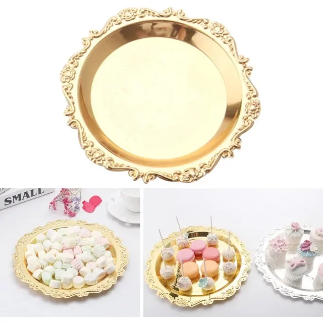 Gold Embossed Decorative Tray for Desserts Wedding Party Decor and Cosmetic Storage Elegant Ornate Platter for Special Occasions