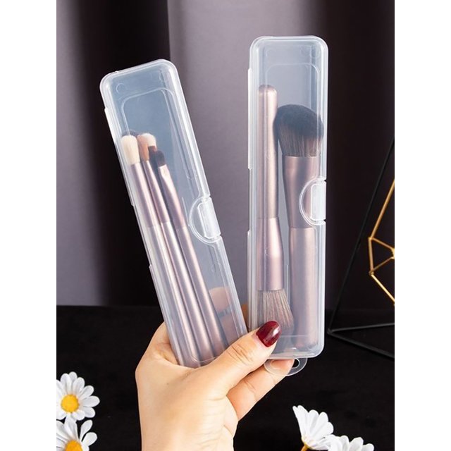 Clear Travel Makeup Brush Holder - Dustproof Plastic Storage Case with Lid, Portable Cosmetic Brush Organizer