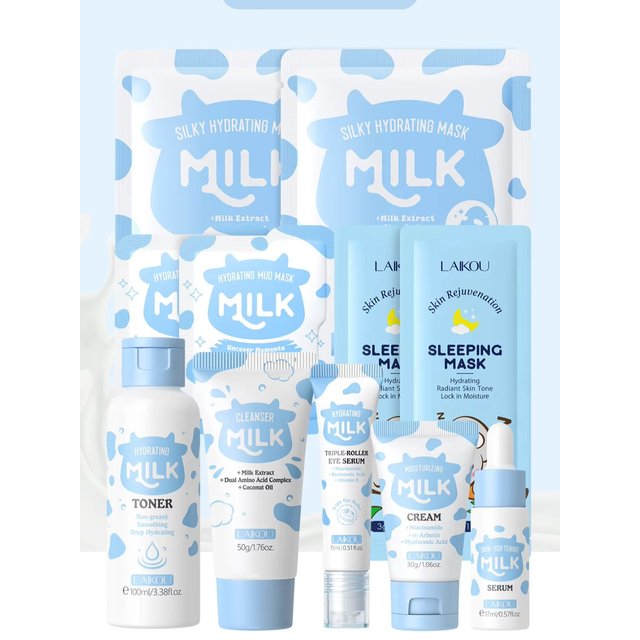 LAIKOU 8Pcs Milk Full Facial Skin Care Set - Cleanser Toner Serum Eye Serum Mud Mask Sheet Mask Moisturizing Cream Sleeping Mask