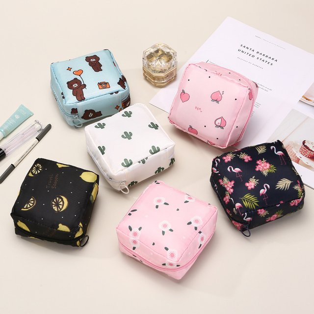 Cute Printed Sanitary Napkin Storage Bag, Portable Waterproof Oxford Fabric Cosmetic & Makeup Pouch