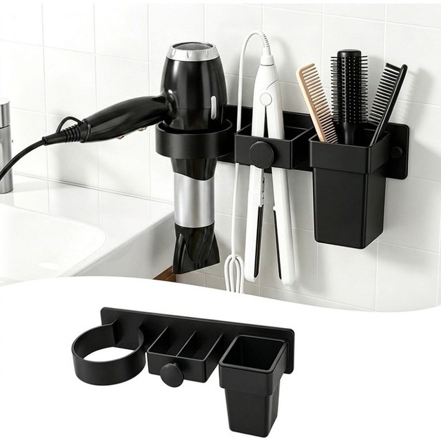 Multi-Slot Wall Mount Hair Dryer Holder Plastic Detachable Cup Hair Straightener Holder Moisture Resistant Large Capacity