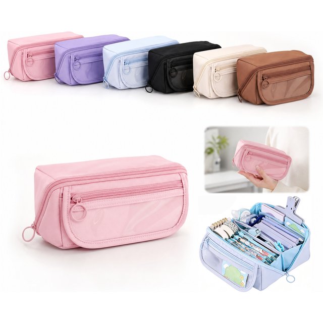 Large Capacity Transparent Pencil Case with 9, Multi-Compartment Zipper Pencil Pouch for School and Cosmetic Storage