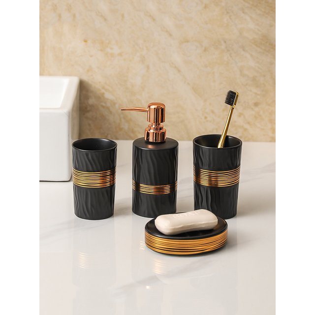 Black Gold Ceramic Lotion Bottle Bathroom Supplies Ceramic Mouthwash Cup Luxury Hotel Bathroom Toiletries Set Press Bottle