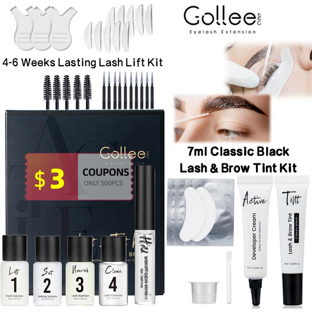 Gollee Classic Black Natural Eyelash Lifting Perm Treatment Makeup Set Lash and Brow Tinting Kit Easy For Beginner at Home
