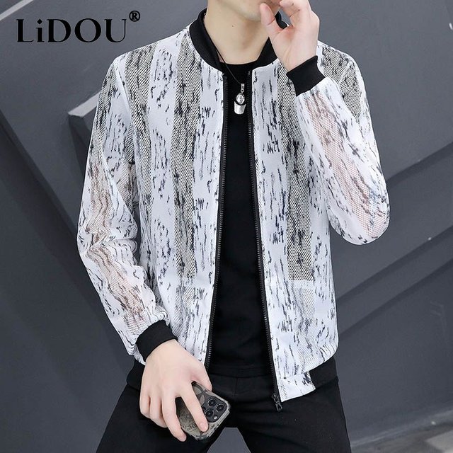 Spring Summer New Thin Style Sunscreen Clothing Man Fashion Printing Long Sleeve Cardigan Men Round Neck Zipper Hollow Out Coat