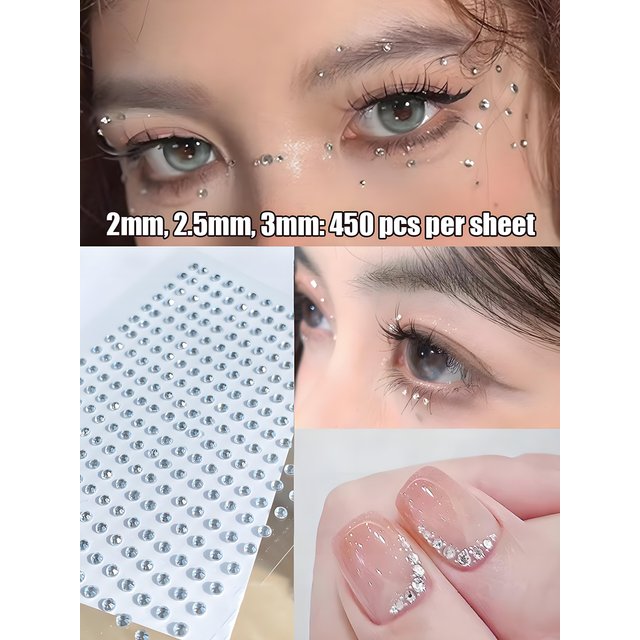 1350 autocollants en strass autocollants, 3 feuilles de décalcomanies en cristal 2/2,5/3 mm, pour nail art, maquillage DIY, pierres faciales et bijoux corporels de festival