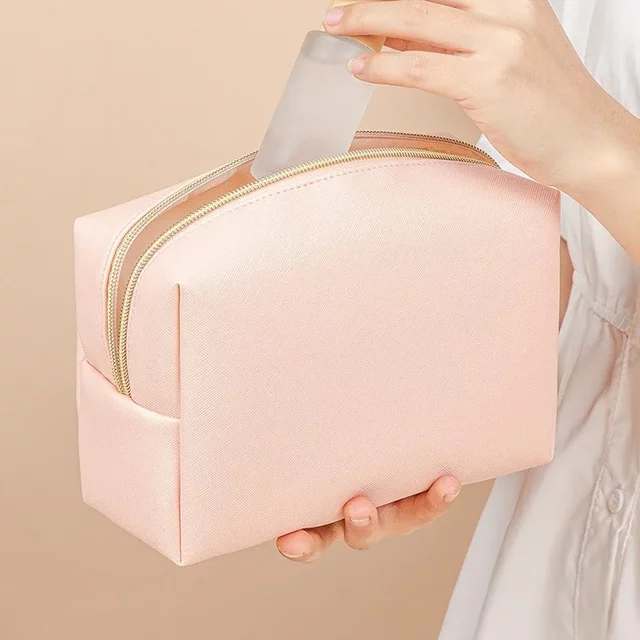 PU Leather Waterproof Cosmetic Bag Solid Color Makeup Pouch Portable Travel Cosmetic Organizer Toiletry Bag Zipper Makeup Case