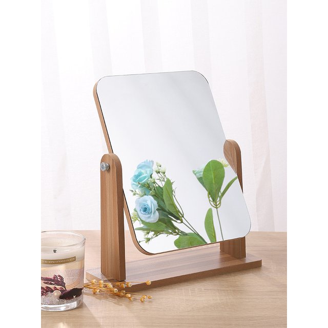 Dresser Vanity Makeup Mirror with Wood Stand, 360 Degree Rotating Compact Cosmetic Mirror, Portable Counter-top Mirror Bath Gift