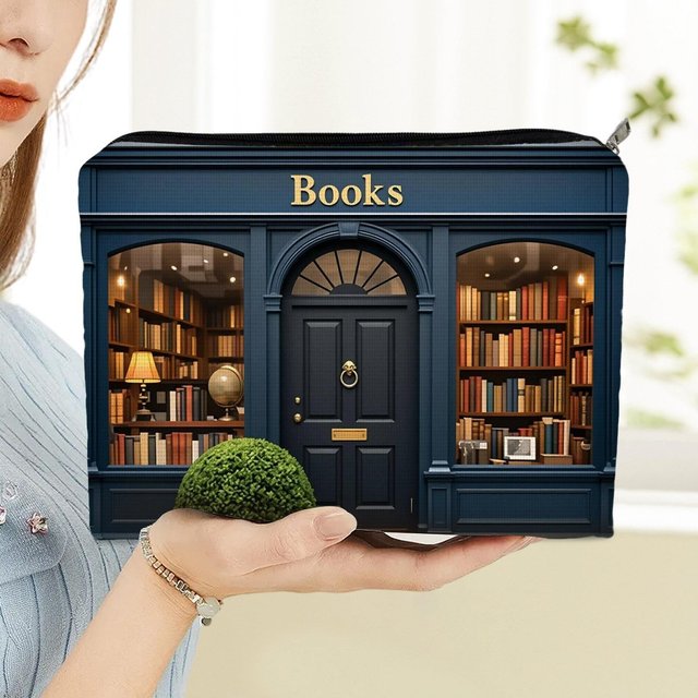 1pc Double-Sided Bookstore-Themed Cosmetic Bag Suitable for Gifting,Bookstore Style Design with Book-Themed Print Pouch