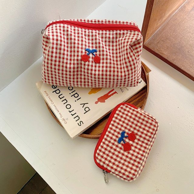 Red Checkered Cherry Makeup Bag Portable Cosmetic Bag Travel Organizer Card Holder Large-Capacity Makeup Coin Pouch