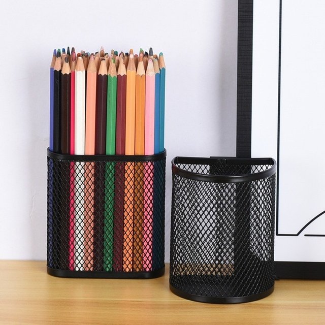 Durable Metal Hanging Pen Holder Mesh Semi-Circle/Oval Desk Organizer Makeup Brush Container School Office