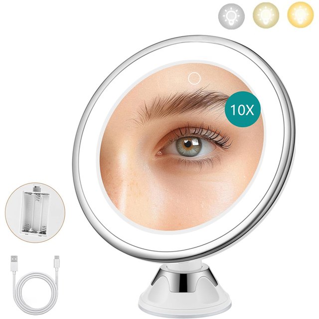 Portable 10X Magnifying Makeup Mirror with 3 Colors Lights Cosmetic Mirror with Suction Cup Brightness Dimmable 360° Rotation