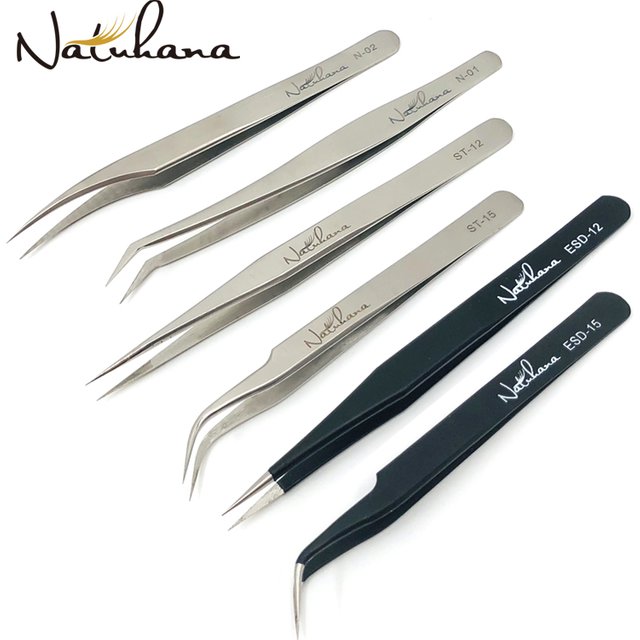 NATUHANA Eyelash Extension Tweezers Anti-static Straight Industrial Precision Curved Straight Lash Eyebrow Tweezers Makeup Tool