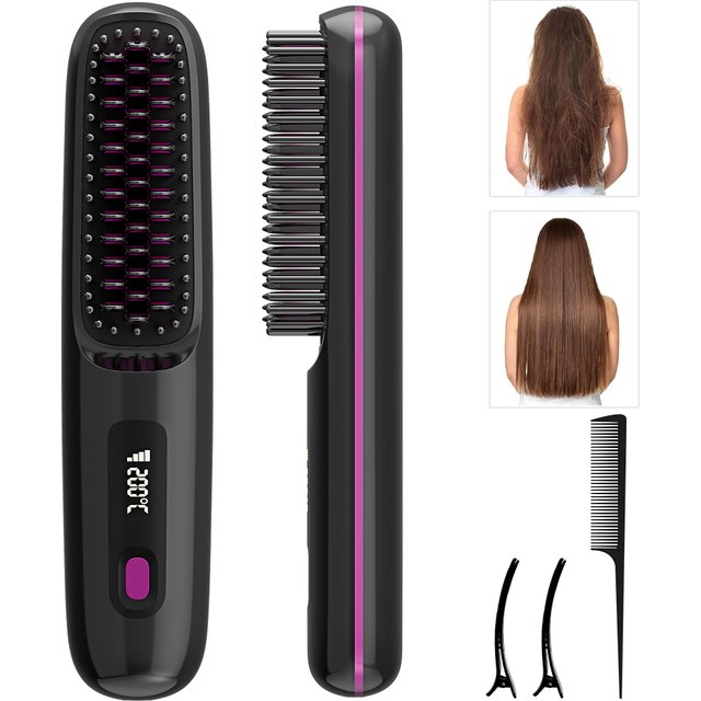 Rechargeable Hair Straightener Brush, Ionic Straightening Comb - 20s Fast Heating, 3 Temp Settings & LED Display for Home Salon