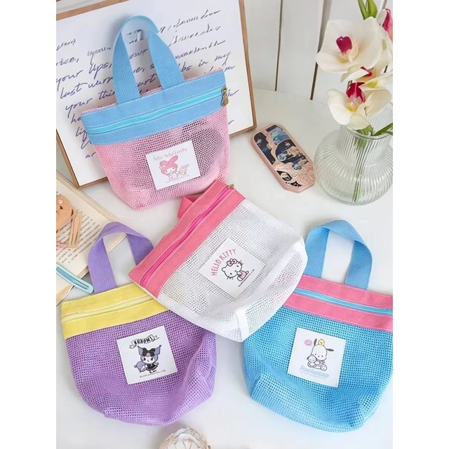 Handheld Storage Bag, Makeup Bag, Sanrio Toiletry Bag, Mesh Fabric, Multi Category Storage, Portable Makeup And Toiletry Bag