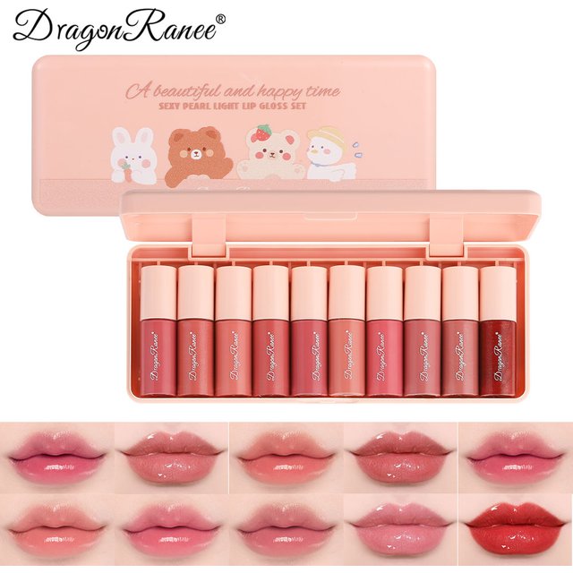 10-Color Cute Cartoon Mini Mirror Lip Gloss Set, Moisturizing Lip Gloss, Long-Lasting, Fades Lip Lines, Touch-Ups Lipstick