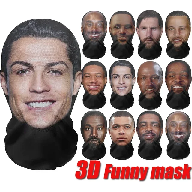 3D CR7 Messi Seamless Mask Funny Face Printed Head Scarf Famous Person Ice Silk Sunscreen Head Mask Halloween Cosplay