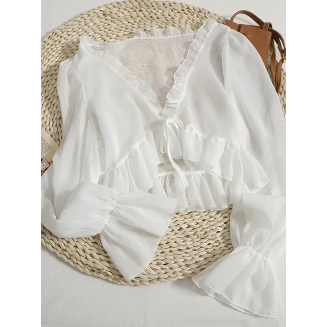2025 Flounce Chiffon Sunscreen Shirt Women Summer Ice Silk Solid Thin Sweet Ruched Flare Sleeve V-neck Cardigans Female