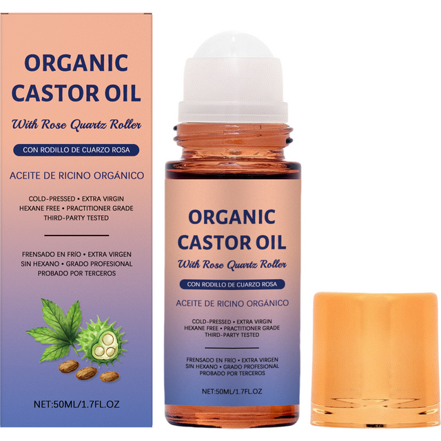 Organic Castor Oil With Rose Quartz Roller Cold Pressed Moisturizing Nourishing Body Face Hair Care Moisturizing Serum 50ml