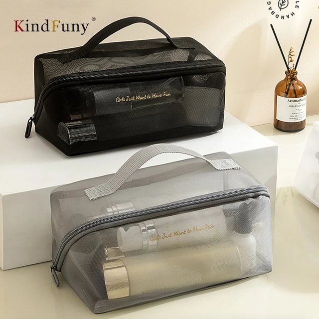 KindFuny Large Mesh Makeup Bag Foldable Transparent Women Cosmetics Separate Wash Bag Underwear Organization Storage Bag Travel