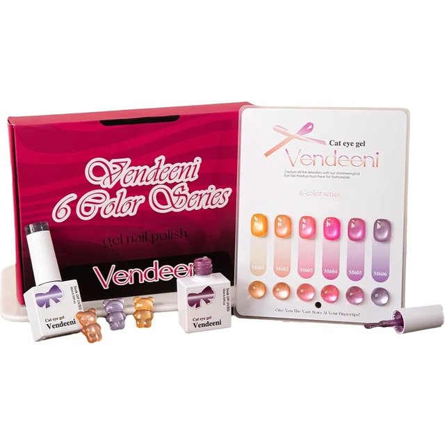 Vendeeni 6 Colors/Set Dreamy Purple Pink Crystal Cat Eye Gel Nail Polish Magnetic Glass Beads UV LED Gel Varnish With Display