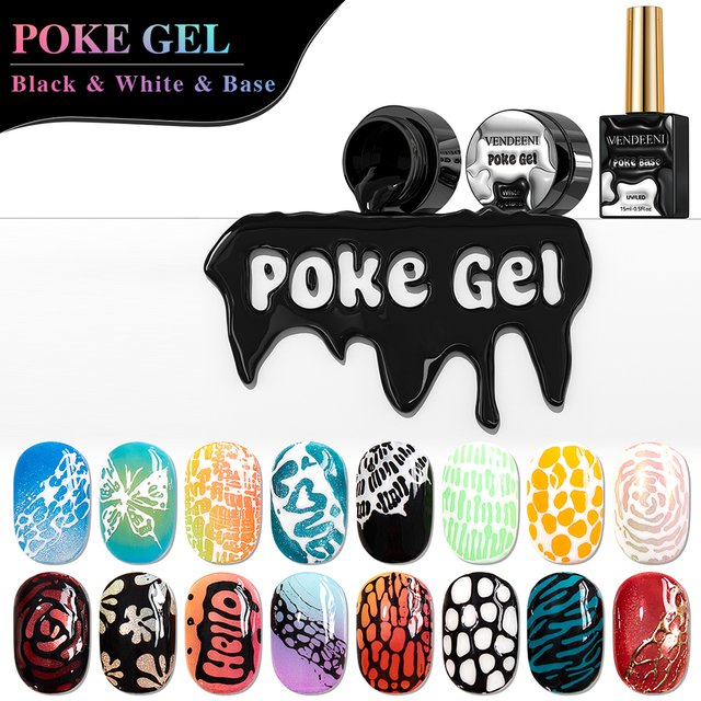Vendeeni Black White Poke Gel Nail Polish Wave Texture Lace Modeling Nail Art Gel Varnish Painting UV LED Soak Off Gel Lacquer