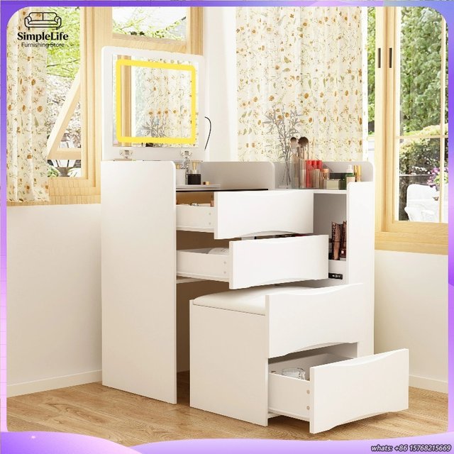 New Modern Makeup Vanity Desk with Flip Mirror LED Lights 3 Drawers Stool and Tempered Glass Top in White