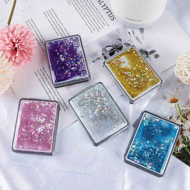 Mini Pocket Makeup Mirror Creative Cosmetic Compact Mirrors with Flowing Sand Foldable Student Compact Cute Pocket Mirror