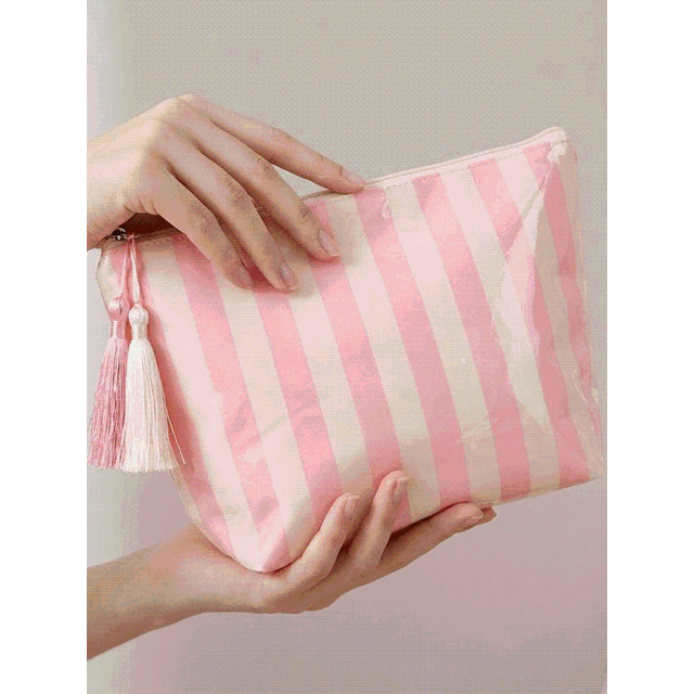 Portable Fringed Travel Toiletry Bag Large Capacity Zipper Closure PVC Striped Cosmetic Bag Glossy Cute Design Makeup Brush Bag