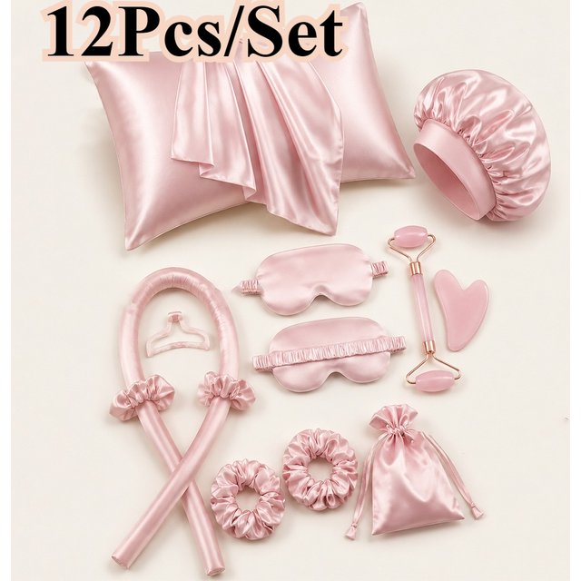 4/12Pcs No-Heat Curling Rod Set Satin Skincare Spa Kit Night Beauty Routine Sleep Accessories Home Gift Set Hair Styling Tools