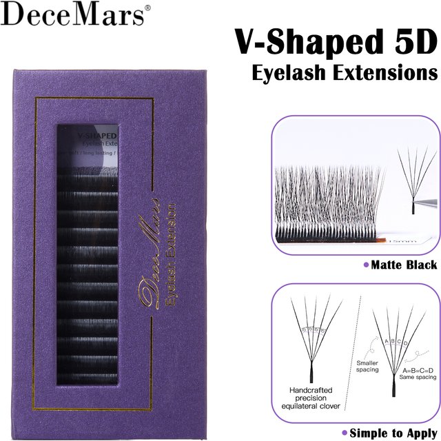 DeceMars V-shaped 5D Eyelash Extensions Matte Black 12 Rows/Tray for Makeup