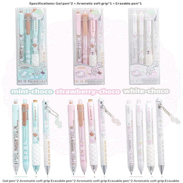 Stylos à encre gel chocolatée RosyPosy, stylo effaçable et stylo parfumé, ensemble de 4 pièces, 0,5 mm, sans bavure, écriture fluide, fournitures scolaires et de bureau mignonnes