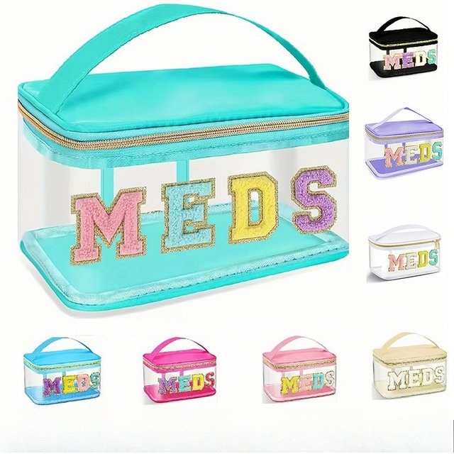 Fashion PVC Chenille Letter MEDS Makeup Bag - Portable Travel Toiletry Organizer with Large Capacity and Zipper Closure