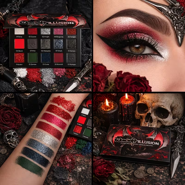 Eyeshadow Palette 15 Colors Black Red Goth Dark Smokey Punk High Colors Lasting Clown SFX Eye Makeup