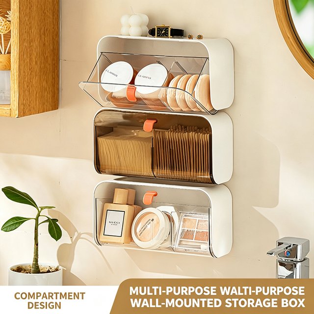 No Drill Wall Mounted Storage BoxCosmetic Organizer Removable Divider Bathroom Kitchen Wardrobe Small Sundries Storage Container