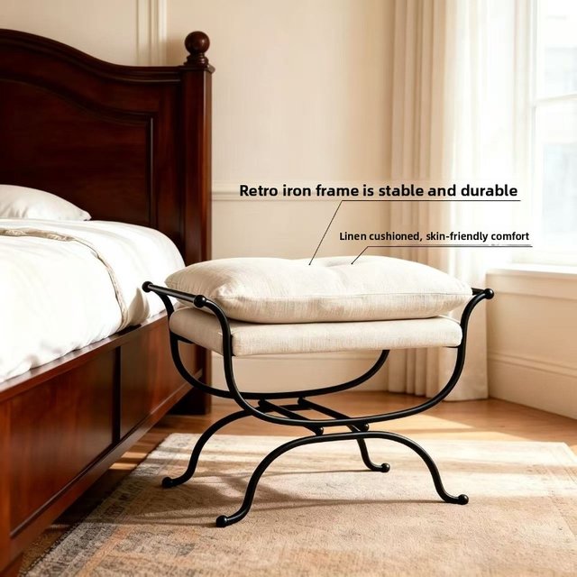 French Retro Minimalist Designer Wrought Iron Dressing Makeup Stool Shoe Changing Side Seat for Home Use Bedroom Entryway
