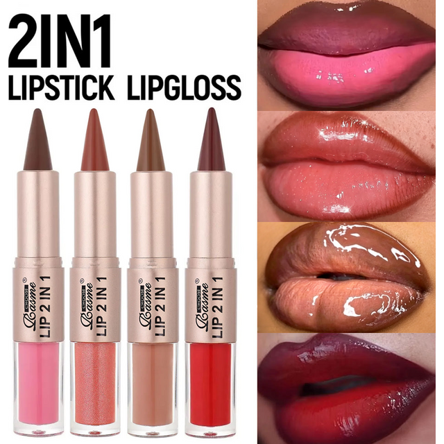 2 in 1 Dual End Matte Lip Liner Pencil & Shiny Mirror Lip Gloss Waterproof Long Lasting Lip Cosmetics for Smooth Application