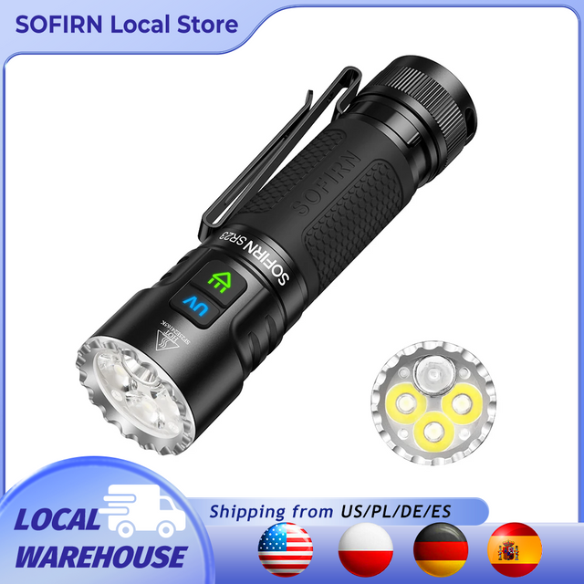 Latarka SOFIRN SR23 3300LM 6500K UV 365nm EDC, ładowana przez USB-C 21700, z podwójnym włącznikiem i magnetyczną końcówką.