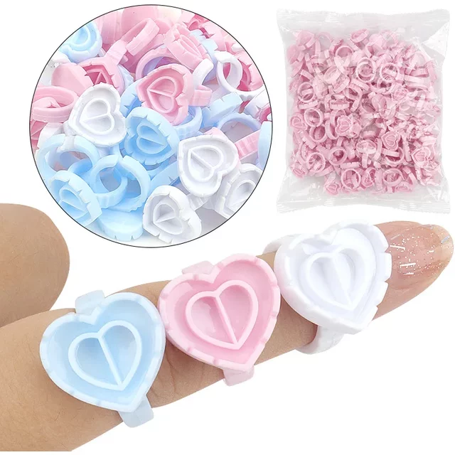 100 PCS Disposable Heart-shaped Plastic Glue Ring Cup Eyelash Extension Tattoo Pigment Holder Pallet Lash Makeup Supplies Tools
