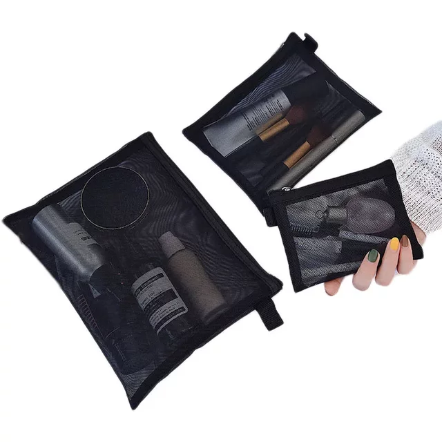 Black Mesh Makeup Bags Women Girls Cosmetic Bag Organizer Travel Portable Wash Lipstick Toiletry Sanitary Napkin Storage Bags