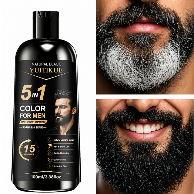 YUITIKUE 5 in 1 Mens Hair Color Shampoo Natural Black Ginseng Botanical Beard Gray Dye 100ml