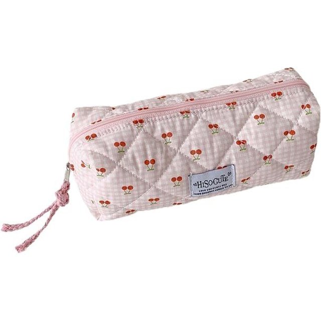 Stylish Cherry Plaid Pencil Case with High Capacity; Trendy Stationery Holder for Students; Women's Cosmetic Bag and Clutch